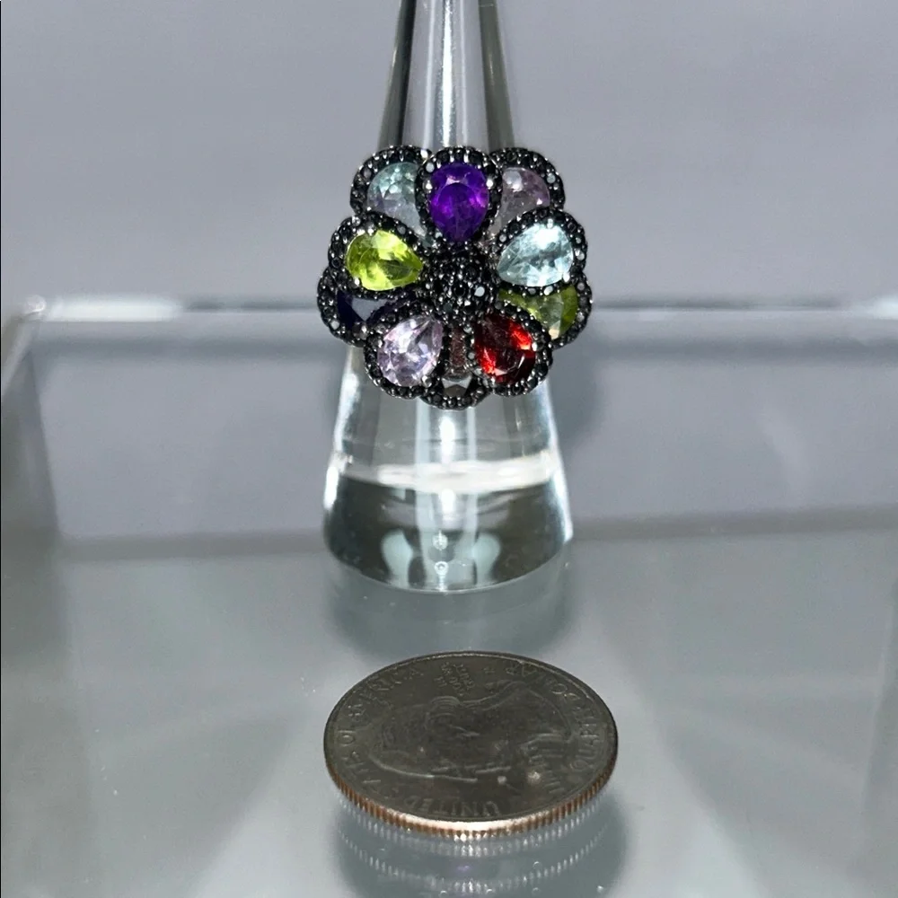 NWOT Multi Genuine Gemstone Sterling Silver Designer Floral Themed Ring Bohemian